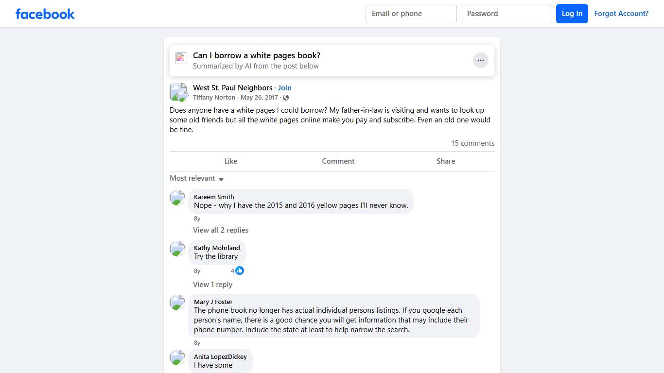 West St. Paul Neighbors | Does anyone have a white pages I could borrow | Facebook